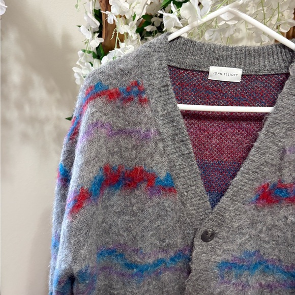 John Elliott Men’s Mohair Jacquard Cardigan with Multicolor Stripes - Picture 8 of 12